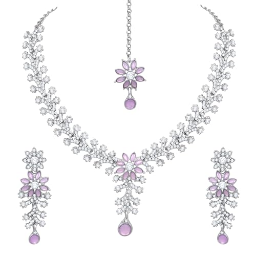 Image of Atasi International Diamond Necklace Jewellery Set for Women with Earrings and Maang Tikka for Wedding, Party, Engagements & Festivals