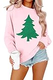 LOTUCY Christmas Sweatshirts for Women Christmas Tree Graphic Long Sleeve Shirt Xmas Holiday Party Pullover Blouse Light Pink