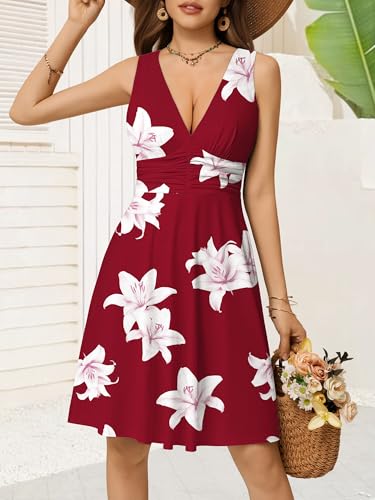 Image of OURIN Women's Spring Deep V Neck Sleeveless Floral Sundresses with Pockets Flowy Summer Dresses for Women