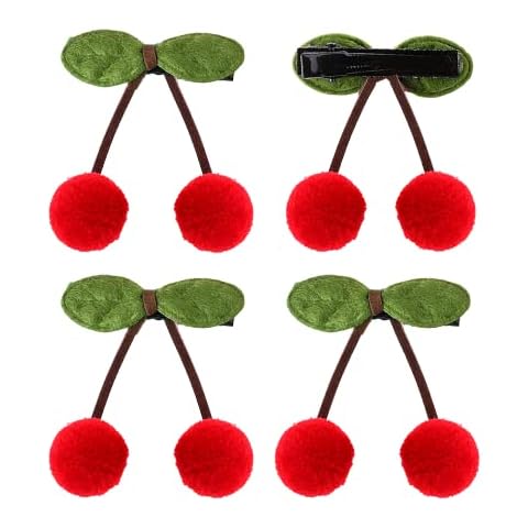 Okdeals 4pcs Sweet Cherry Ball Shape Hair Clip Green Leaves Hairpins for Women Girls, Trendy Cherry Fur Pompom Hair Clips, Cherry Hair Ornaments Kids Hair Barrette (Red Cherry Ball) Cover