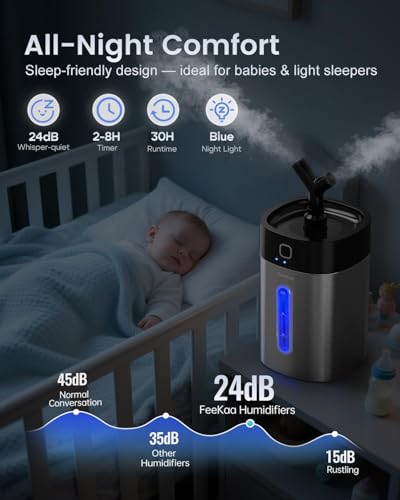 Image of Feekaa Stainless Steel Humidifier Easy Clean, 1Gal /4L Cool Mist Humidifiers for Bedroom, Dishwasher Safe Humidifier Large Room, Humidifiers for Bedroom Baby Nursery Living Room Office, Black