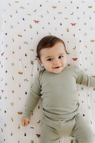 Image of CLEMENTINE KIDS Cotton Muslin Crib Sheet, Cutie Crawlies | Fits standard 52 x 28 x 6 crib mattresses; breathable cotton muslin with elastic corners; machine washable