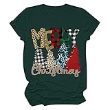 Weihnachts T Shirt Damen Tops mit Weihnachtsmotiv Karierte Tee Tops mit Leoparden Print Rundhals Kurzarm Sommer Tops All Match Tunika Bluse Herbst Winter Basic Shirt Strassenmode