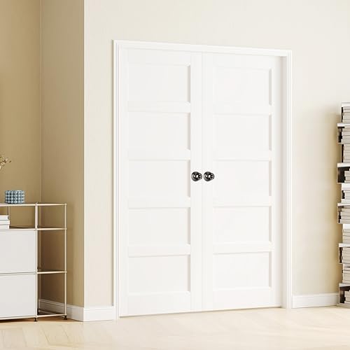 Image of 32 inch x 80 inch Slab Door, 5-Panel Pantry Wood Door with Black Door Knob, Interior Single Door Panel for Closet & Bedroom, Classic Style as Prehung, Pocket, Bifold, Barn Doors