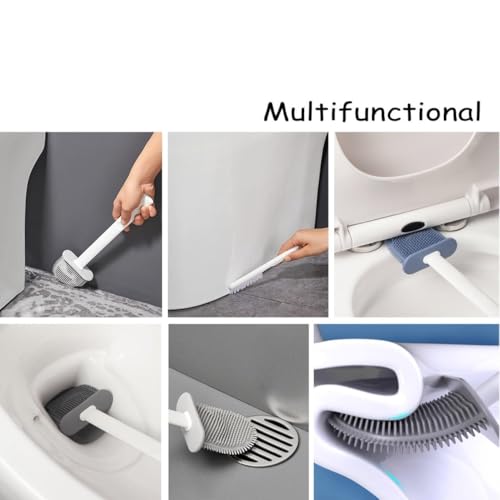 Image of Toilet Bowl Brush and Holder Wall Mounted Silicone Flat Toilet Cleaner Set Cleaning Tool Bathroom Cute Tool Toilet Scrubber Long Handle Toilet Brush with Plastic Handle (3 in 1 Toilet Bowl)