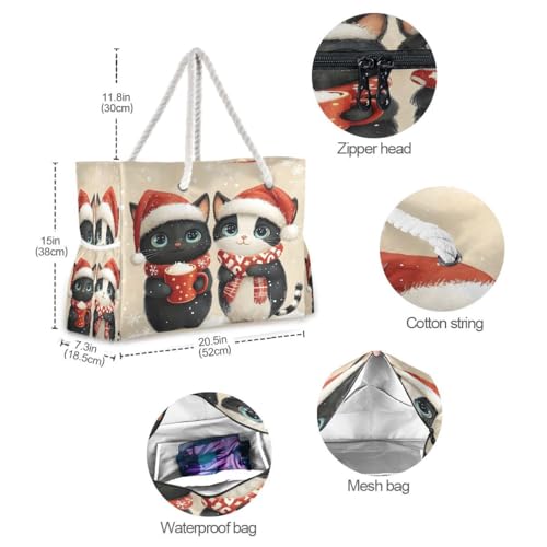 Large Beach Bags Totes Canvas Tote Shoulder Bag Cat Christmas Water Resistant Bags for Gym Travel Daily4