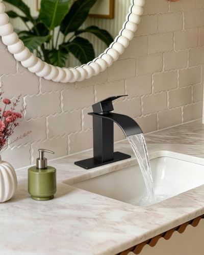 Fransiton Black Bathroom Faucet Bathroom taps 1 or 3 Hole Bathroom Sink Faucet Single Handle washroom Waterfall Faucet with Deck and Pop-up Drain(Matte Black) — view 8