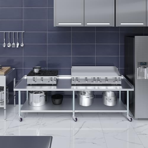 Image of AmGood Stainless Steel Equipment Stand with Undershelf + Casters, Heavy Duty, Commercial Grade, NSF Certified (30 inch Width x 96 inch Length + Casters)