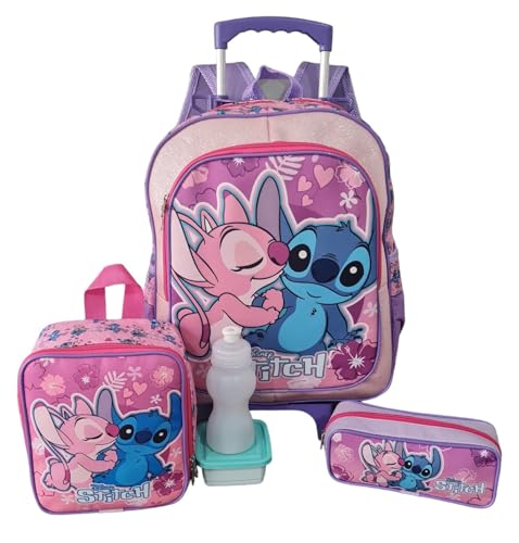 Kit Mochila Escolar Lilo & Stitch Rosa Filme Rodinhas Tam G