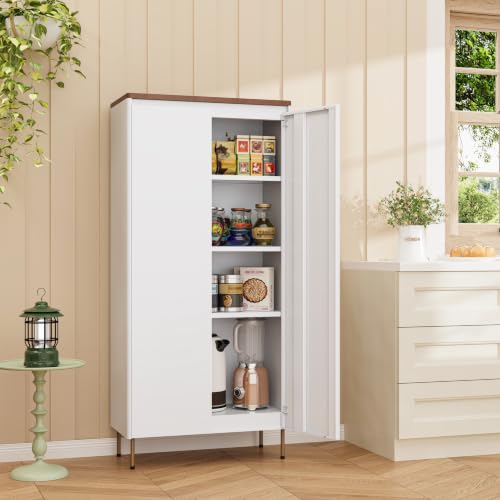 Image of 59 inch Metal Pantry Cabinet,White Kitchen Pantry Cabinets with Doors | Tall Freestanding Storage Cabinet with Adjustable Shelves,Anti-Tip,Modern Cabinet for Living Room, Kitchen, Bathroom,Dining