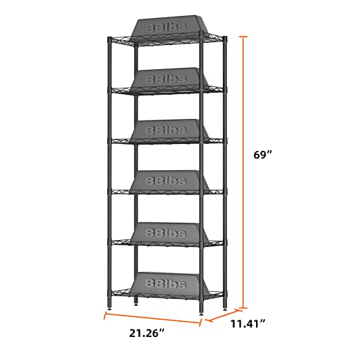 Singaye 6-Shelf Storage Shelf Wire Shelving Unit Metal Shelves Unit Storage Adjustable, Standing Shelf Units With Pp Liner 21.25" W X 11.41D X 69 "H (Black) #TOP2