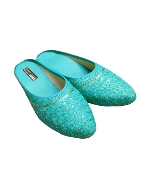 Women's Embroidered Jutti Ethnic Flat Shoes with Sequin Work GCF08_Patti siliper_Teal06_Teal06 Multicolor-image-19