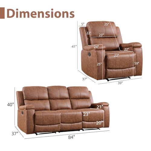 Image of CANMOV Faux Leather Manual Reclining Sofa Furniture Set, 2 Manual Recliner Chair and 3 Seat Recliner Sofa Couch Set for Living Room,Brown
