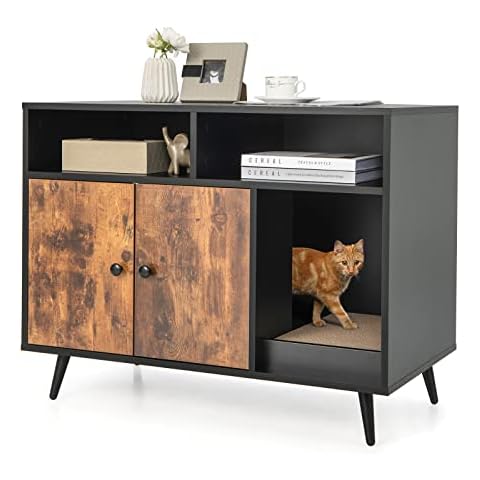 COSTWAY Cat Litter Box Enclosure with Double Doors Cover