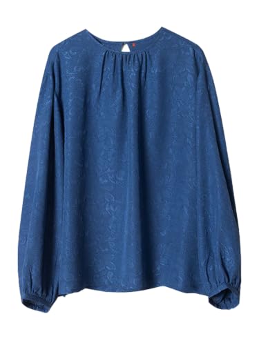 Chemisier jacquard en soie bleue luxe à motif marguerite et manches lanternes raffinées