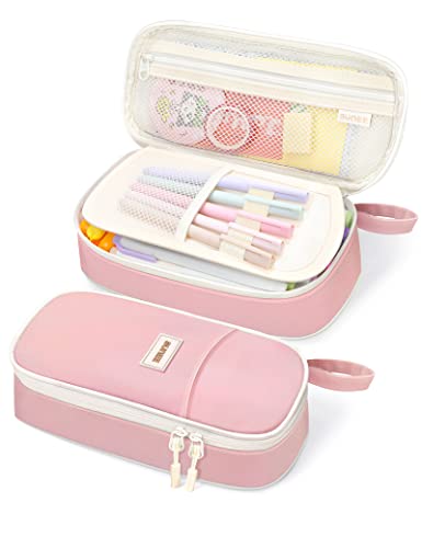 SUNEE Cute Pencil Case, Aesthetic Pen Pouch, Colored Large Pencil Bag with Zipper, Kawaii Stationery Storage and Organizer, Pink School Supplies for Teen and Adult Girls