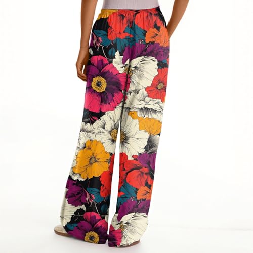 Palazzo Pants for Women, Womens Wide Leg Pant Boho Floral Print Beach Vacation Waist Adjustable Elastic Trousers2
