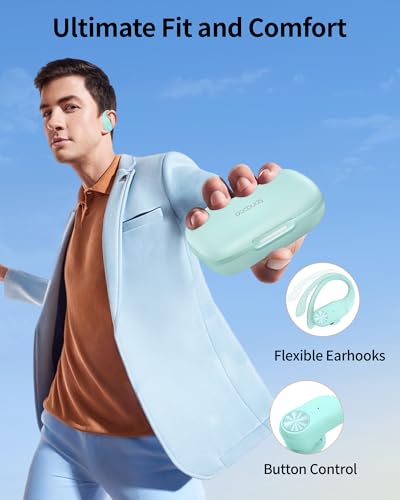 PocBuds Bluetooth Headphones Wireless Earbuds 80hrs Playtime Wireless Charging Case Digital Display Sport Ear buds with Earhook Deep Bass IPX7 Waterproof Over-Ear Earphones for Phone Laptop Mint Green - 7
