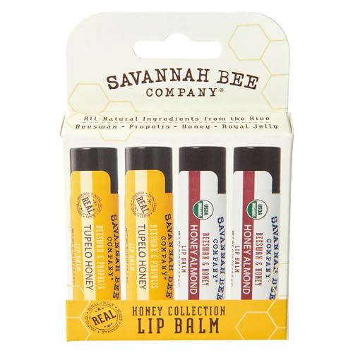 Savannah Bee Lip Balm Collection - Nourishes Dry Lips for All Day Comfort - 2x Tupelo Honey & 2x Honey Almond