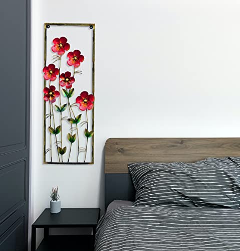 Image of iHandikart Verticle Metal Wall Art Red Flower Design 34 * 13 Inch | Large 3D Metal Wall Decor for Living Room | Modern Luxury Wall Hanging for Home, Bedroom, Hall | Designer Floral Wall Decoration