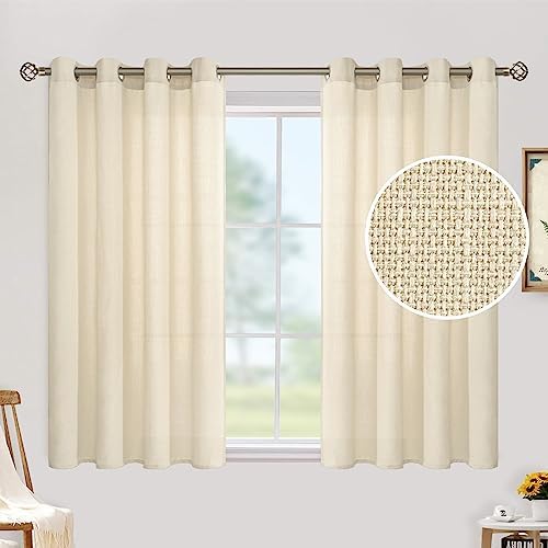 LAMIT Faux Linen Curtains for Bedroom, Light Filtering Panels, Grommet Privacy Protected Linen Sheer Curtains for Small Window/Kids' Room, Set of 2 Panels (52 x 45 Inch, Light Beige)