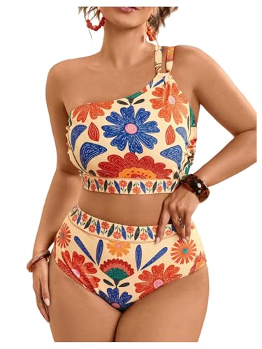 SOLY HUX Plus Size Bikini Sets for Women Floral Print One Shoulder High Waisted Bathing Suit Two Piece Swimsuit
