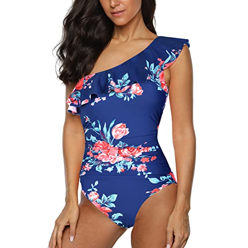 Hilor Women's One Piece Swimsuits One Shoulder Swimwear Asymmetric Ruffle Monokinis Bathing Suits Navy&Red Floral 12 #TOP2