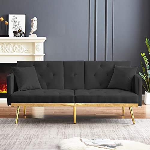 Hansones Futon Sofa Bed Modern Velvet Fabric Couch Bed Loveseat Convertible Daybed With 2 Cup Holders And Removable Armrests For For Compact Living Space Apartment Dorm Office,Gold Hem (Black) #TOP3
