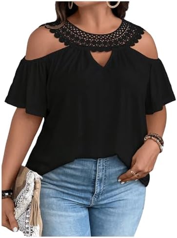 GORGLITTER Women's Plus Lace Cold Shoulder Blouse Cut Out Butterfly Short Sleeve Shirt Top Black Large Plus