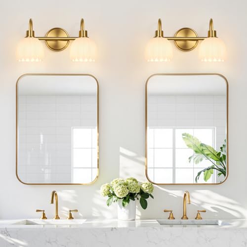 Image of Bathroom Light Fixtures, 2-Light Gold Vanity Light Fixtures with White Tulip Glass Shades, Bathroom Lighting Fixtures Over Mirror for Bedroom, Living Room & Hallway (Bulbs Not Included)