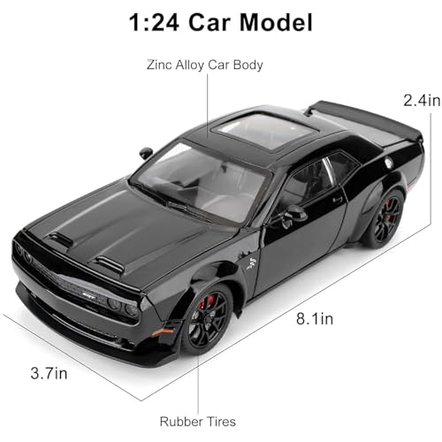 Image of Dodge Challenger Hellcat Toy Car 1:24 Scale Collection Diecast Metal Toy Model Car for Kids Light Sound Pull Back Openable Door