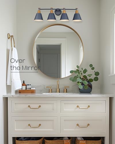 Image of FEMILA 4-Light Bathroom Light Fixtures, Farmhouse Modern Vanity Lights Wall Lamp with Hammered Metal Shade Finish, Dark Blue, 4FG59B-4W Blue