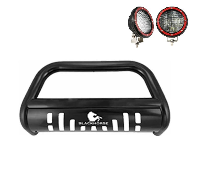 Image of Black Horse Bull Bar Incl. pair of 5.3 inchDia.LED Lights w / Red Trim Rings Skid Plate Matte Black Compatible with 2016-2023 Jeep Renegade-BBJPREA-SP-PLFR