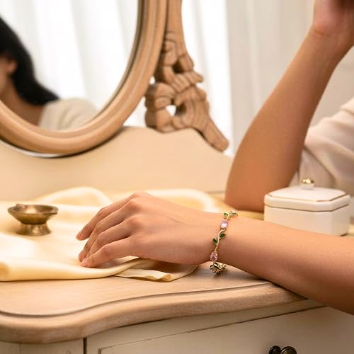 Image of Trend It Anti-Tarnish Tulip Bracelet for Women |Floral Bracelet with Pink & Green Crystals, Perfect Party & Gift Jewellery, Trendy Bracelet For Ladies