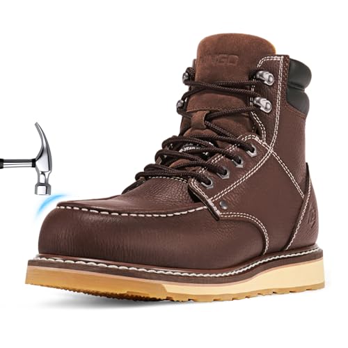 NINGO Steel/Soft Toe Work Boots for Men, 6 Inch Waterproof Mens Wedge Moc Toe Boots, Full-Grain Leather, Oil and Slip-Resistant Safety Boots, EH Protection,Work Boots for Construction, Industrial
