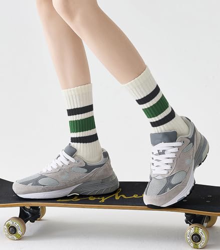 Image of 3 Pairs Women Striped Tube Socks Fun Novelty Cute Crew Socks Retro Sport Mid-Calf Socks for Women Grils