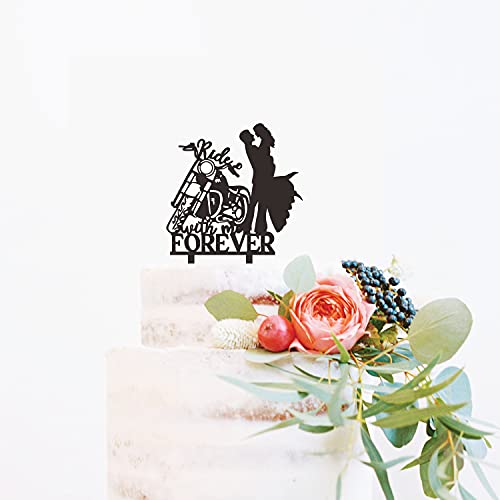 Motorcycle Wedding Cake Topper Ride with Me Forever Cake Topper Bride and Groom with Motorcycle Cake Decorations for Wedding/Anniversary/Bridal Shower Party Decor