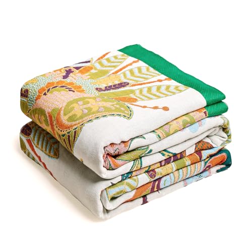 Boho Throw Blanket, 100% Organic Cotton Breathable Skin-Friendly Ultra Soft Bed Quilt Throw - All Season Floral Bird Farmhouse Décor Luxury Blanket for Sofa Couch Chair and Gift. 60" x 80"