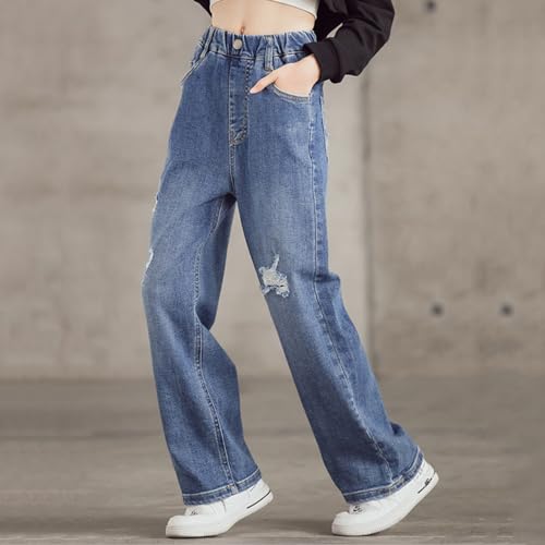 Girls Ripped Straight Jeans Elastic High Waist Baggy Wide Leg Denim Pants Kids Y2k Streetwear Vintage Trousers Swear Pants4