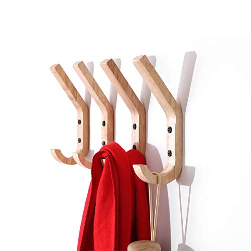 TentHome 4 Pièces Crochets Muraux en Bois de Caoutchouc à Manteau Patères Portemanteaux à Deux Crochets, 16 x 6 x 2,5 cm