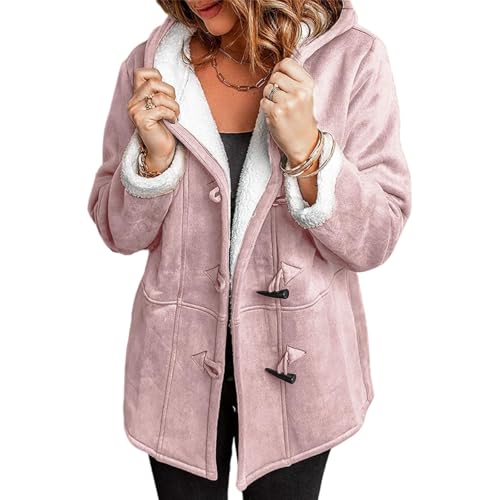 Sherpa Fleece Jackets for Women Casual Distressed Hooded Jackets Faux Suede Pea Coats Button Down Warm Outerwear