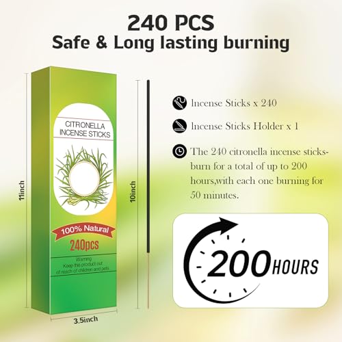 240 x Citronella Räucherstäbchen, 200h Zitronengras Räucherstäbchen mit Halter, Citronella Incense Sticks für Camping, Draußen, Terrasse, Garten, Anstelle zu Citronella Kerze