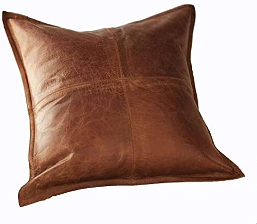 TOMJACK Lambskin Leather Pillow Cover - Decorative Sofa Cushion Case - Throw Covers for Living Room & Bedroom, 14" x 14" - Brown Crunch Box Pack of 1
