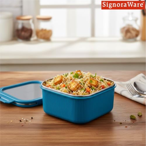 Image of Signoraware Lock N Store Microsafe Steel Square Container+ Lid(400ml, Blue)
