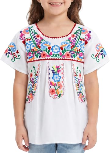Image of YZXDORWJ Mexican Blouse for Girls Traditional Embroidered Summer Short Sleeve Peasant Blouse for Kids