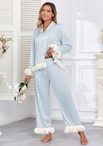 Image of Brosloth Womens Silk Pajamas Set Long Sleeve Satin Button Up Sleepwear | Cute Soft Fall Pjs Sets, Lace 2 Piece Lounge Set, Elegant Bridesmaid Pajama, Skin Friendly Sleepwear for Wedding, Honeymoon