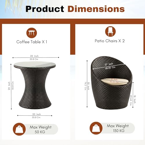Image of DEVOKO Liora Outdoor Conversation HDPE Wicker Furniture Set with Cushions & Coffee Table for Small Space, Garden, Backyard, Porch, Pool (Dark Brown & Cream)