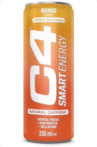 C4 Smart Energy Drinks Mango 330ml (12 pack) | Sugar Free Energy Drink with 106mg Natural Caffeine, Brainberry, Nootropics, Vitamin C | Natural Energy Drink for Mental Focus On the Go