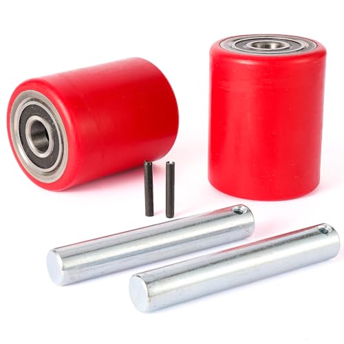 Image of Two Packs of Pallet Jack /Truck Wheels 3 inch x 3.75 inch PU Poly Tread, 20mm ID Bearings, Full Set with Axles, Pins and Entry Exit Roller