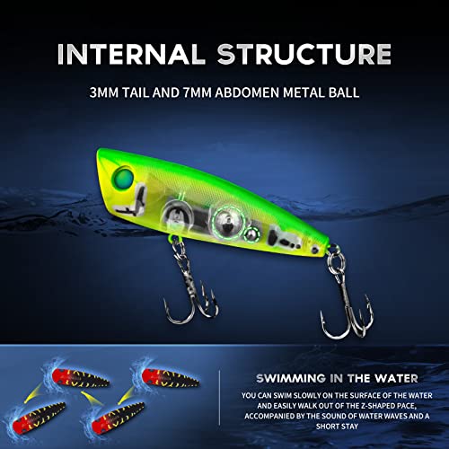 JWPRYLUD フィッシングルアー 淡水 トップウォーター ポッパー スイムベイト 5個 2.37インチ/0.25オンス 5色の組み合わせ バス、トラウト、サバ、パイク、マスキーなどに最適 5枚目